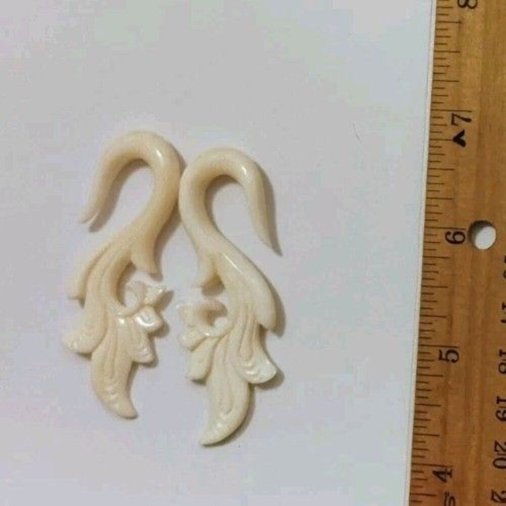 Carved White Bone Tribal Scroll Ear Hangers Tapers Gauges Piercing Pair